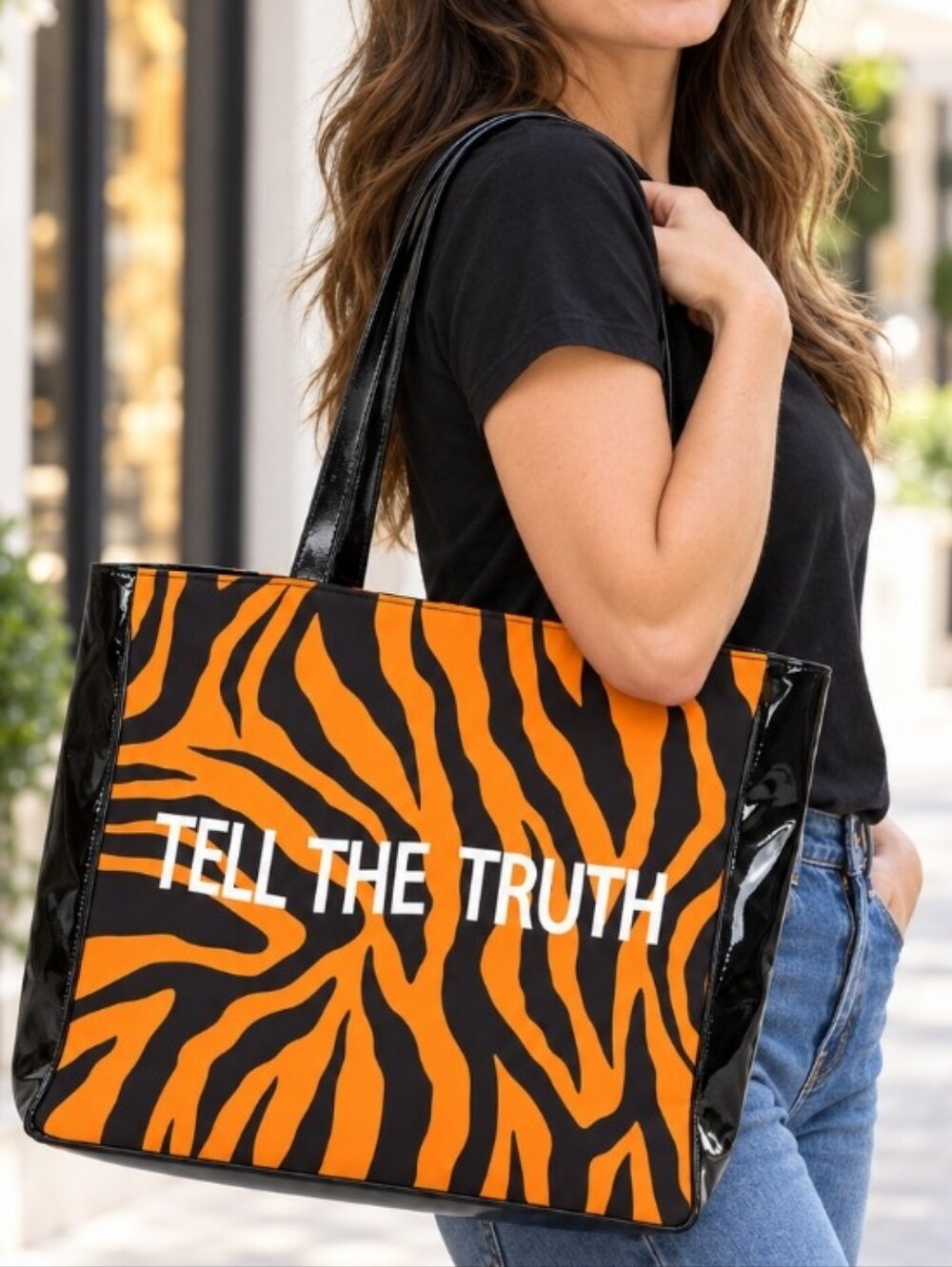 Orange Tiger-Print Tote Bag with 'TELL THE TRUTH' Slogan